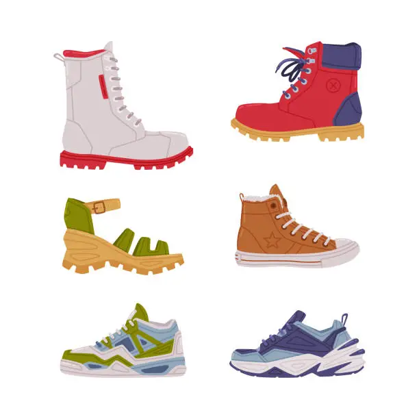 Vector illustration of Shoes and Sneakers of Different Type as Casual Man and Woman Footwear Vector Set