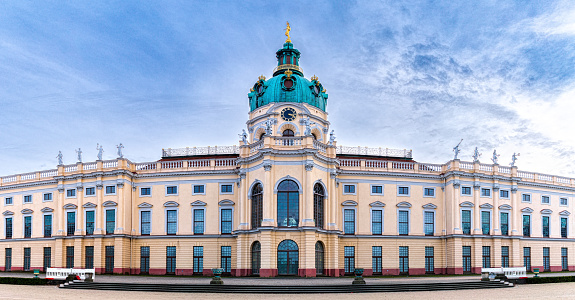Berlin, Germany - January 01, 2023: Baroque palace Schloss Charlottenburg ad a park in Western Berlin. Famous tourist landmark