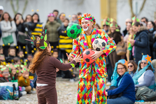 Setubal, Portugal - February 17, 2023: Children having fun at the Children's Carnival in the parish of Vila Nogueira de Azeitão.