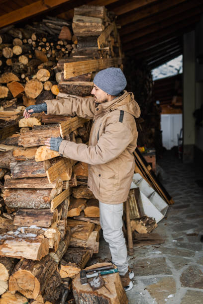 istock Young man picking up firewood for his stove. 1467633931