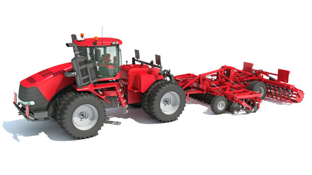 istock Tractor with Seed Drill farm equipment disc harrow 3D rendering on white background 1467637440