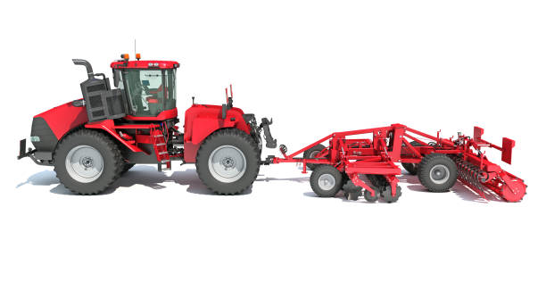 istock Tractor with Seed Drill farm equipment disc harrow 3D rendering on white background 1467637455