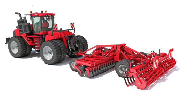 istock Tractor with Seed Drill farm equipment disc harrow 3D rendering on white background 1467637465