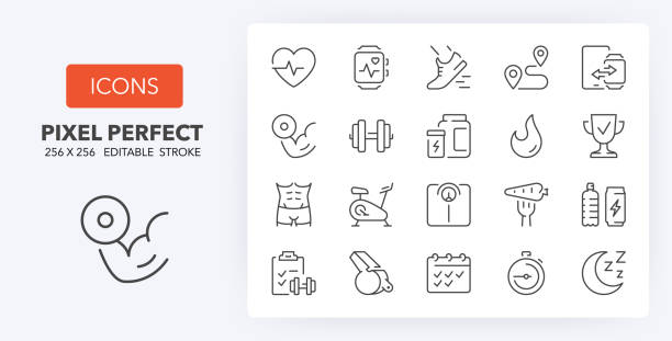 fitness and gym line icons 256 x 256 Fitness, gym and health care thin line icon set. Outline symbol collection. Editable vector stroke. 256x256 Pixel Perfect scalable to 128px, 64px... fitness tracker illustration stock illustrations