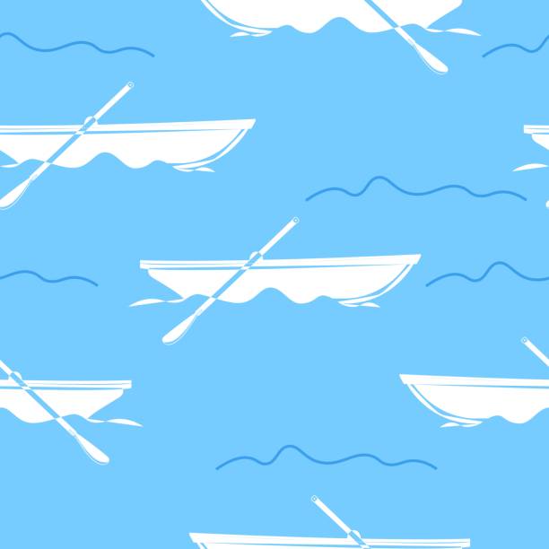 ilustrações, clipart, desenhos animados e ícones de barco e remos cruzados em estilo de contorno. padrão contínuo. textura do mar. - vela peça de embarcação