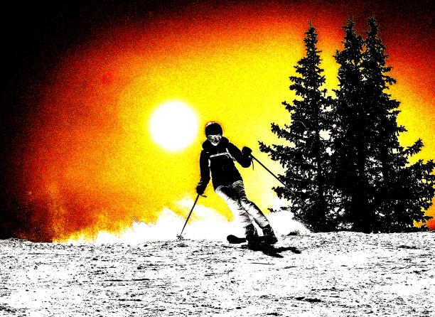 Psychedelic posterized woman skiing with the sun at her back.