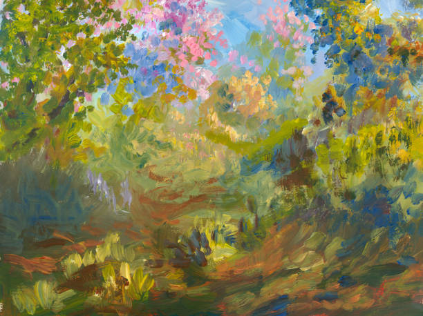 spring cherry blossom sketch Summer landscape, painting in the style of imoressionism oil painting stock illustrations