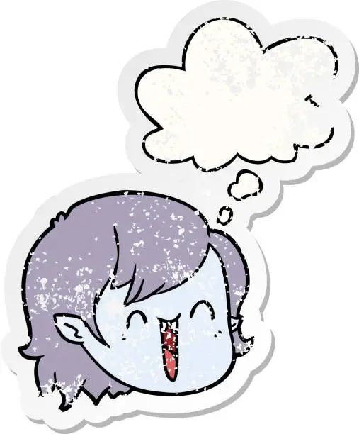 Vector illustration of cartoon vampire girl face with thought bubble as a distressed worn sticker