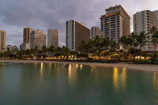 Beautiful sun setting on the sea, view from Waikiki beach in Oahu, Honolulu, Hawaii, USA