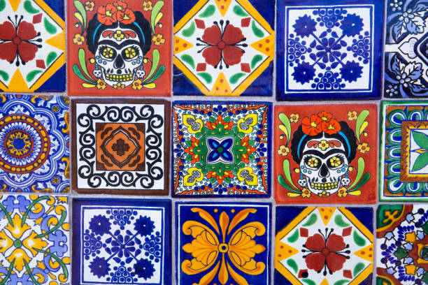 Colorful, patterned ceramic tiles on a wall in Cabo San Lucas, Mexico