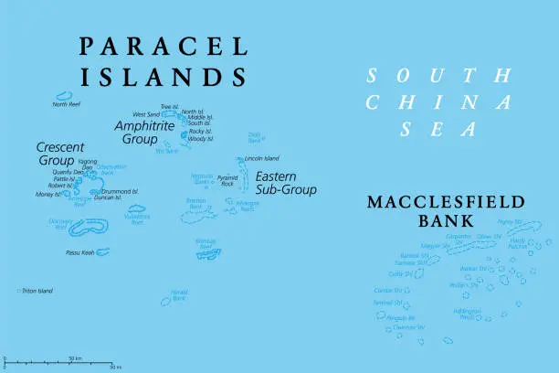 Vector illustration of Paracel Islands or Xisha Islands, and Macclesfield Bank, political map