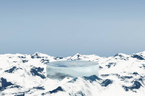 Abstract 3d render platform and ice podium background on ice snow mountain with snow covered ground, Backdrop clear sky for product display, advertising cosmetic beauty products or skincare or etc