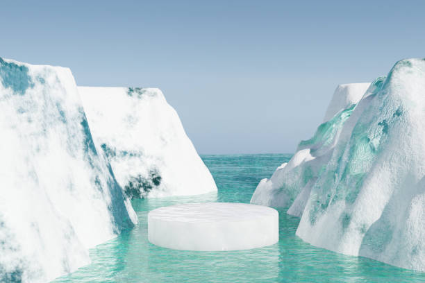 istock Abstact 3d render winter scene and Natural podium background, Ice podium on the ice river backdrop clear sky and snow mountain for product display advertising cosmetic products, skincare or etc 1467643510