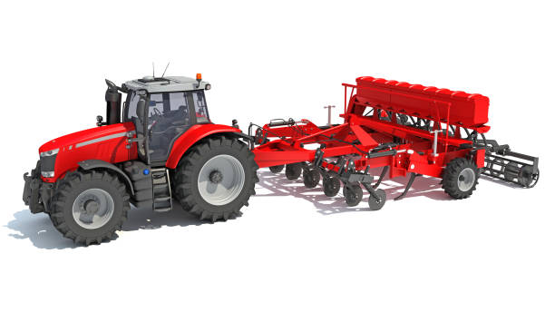 istock Tractor with Disc Harrow farm equipment 3D rendering on white background 1467645744
