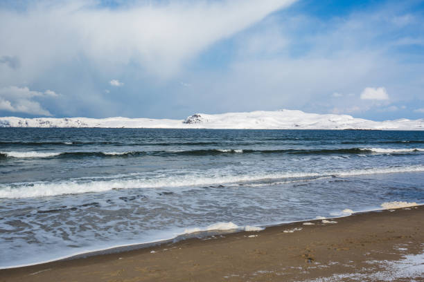 Shore near Teriberka, Barents Sea bay winter landscape. Russia stock photo