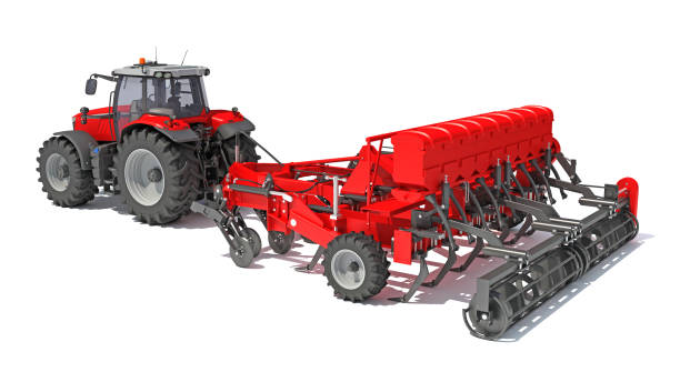 istock Tractor with Disc Harrow farm equipment 3D rendering on white background 1467645801