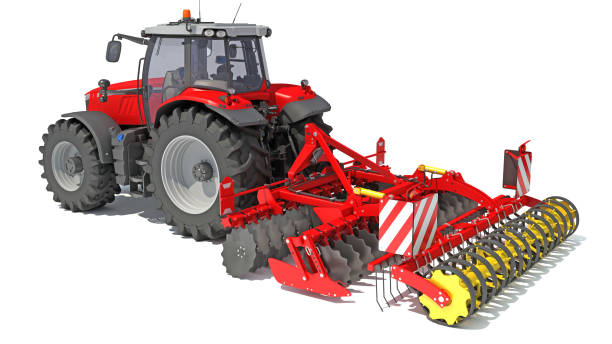istock Tractor with Disc Harrow farm equipment 3D rendering on white background 1467645805