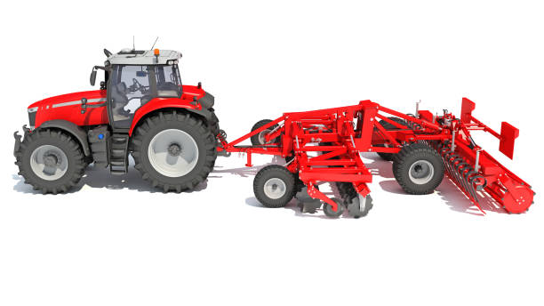istock Tractor with Disc Harrow farm equipment 3D rendering on white background 1467646171