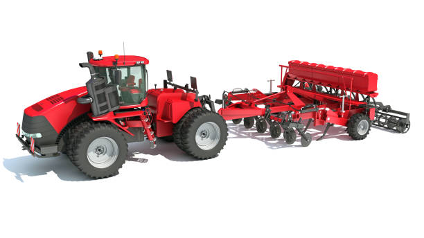 istock Tractor with Disc Harrow farm equipment 3D rendering on white background 1467646253