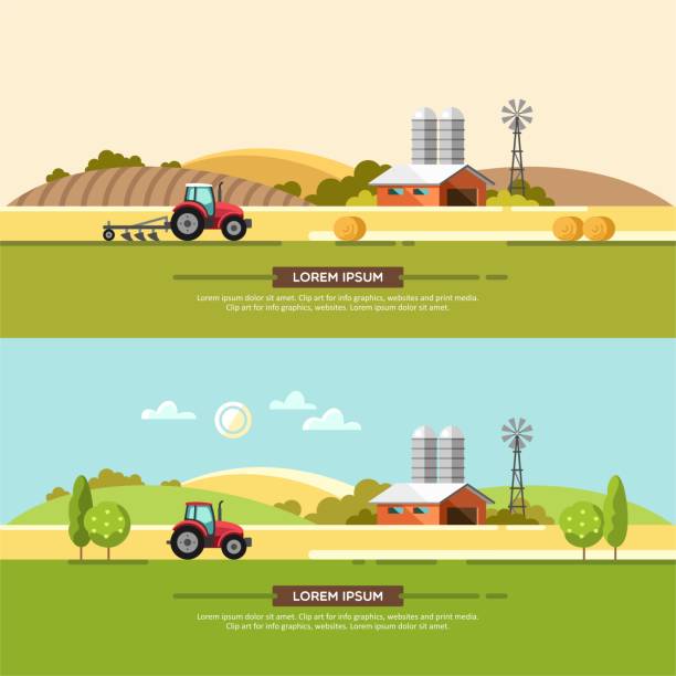 ilustraciones, imágenes clip art, dibujos animados e iconos de stock de industria agrícola, concepto agrícola. ilustración vectorial. - agriculture field tractor landscape