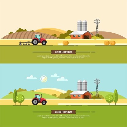 Agriculture industry, farming concept. Agribusiness. Summer rural landscape with fields, farm and tractor. Vector illustration for mobile and web graphics.