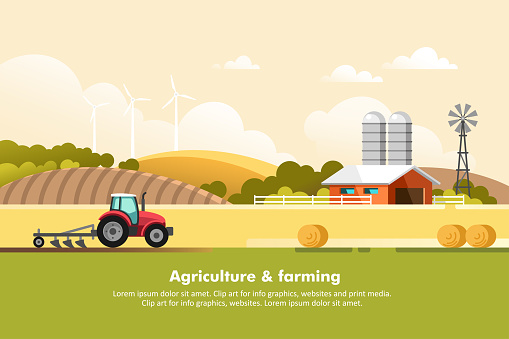 Agriculture industry, farming concept. Agribusiness. Summer rural landscape with fields, farm and tractor. Vector illustration for mobile and web graphics.