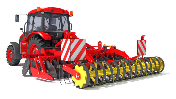 istock Tractor with trailed disc harrow 3D rendering on white background 1467648139