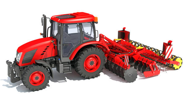 istock Tractor with trailed disc harrow 3D rendering on white background 1467648226