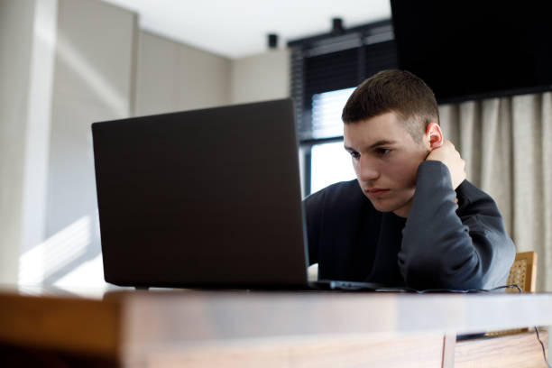 Teenage boy studying with laptop at home stock photo