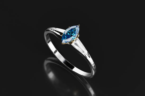 istock Silver Ring with Blue Marquise Diamond Placed on Glossy Background 3D Rendering 1467650322