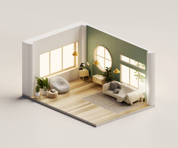 istock Isometric view living room muji style open inside interior architecture, 3d rendering digital art. 1467650332