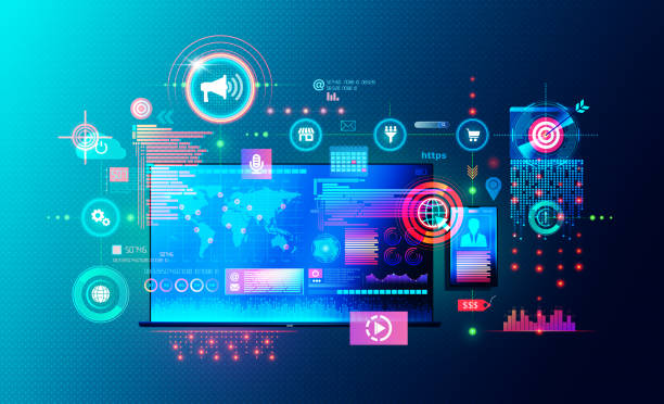 demand side plattform für automatisierten anzeigenkauf - dsp - conceptual illustration - medienberuf stock-grafiken, -clipart, -cartoons und -symbole