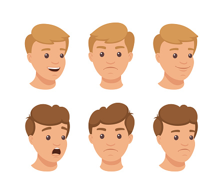 Set of various male emotional faces. Man with different facial expressions, smiling, surprised, cheeful, upset. Young man character creation vector illustration isolated on white