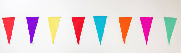 istock Carnival party, garland, colorful triangle flag hanging at string on white background. Banner. 1467654103