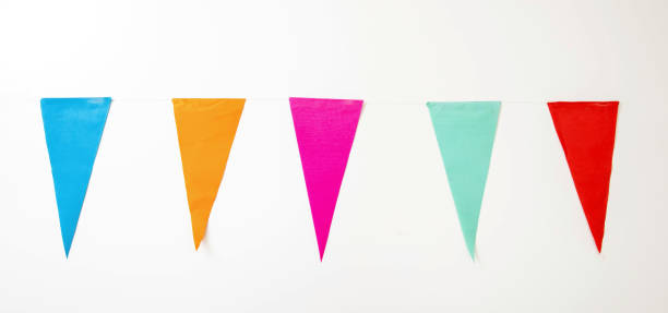 istock Carnival party, garland, colorful triangle flag hanging at string on white background. Ad, space. 1467654113