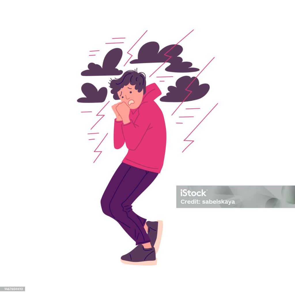 Scaredness Scared Man Is Afraid Of Lighting And Thunderstorm Flat Vector ...