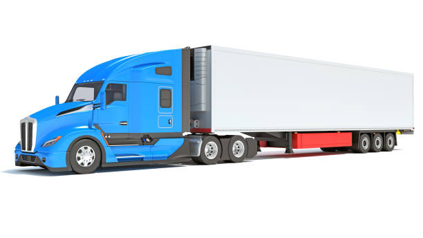 istock Truck with Reefer Refrigerator Trailer 3D rendering on white background 1467654843
