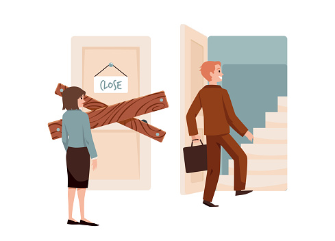 Social inequality at work, abstract flat vector illustration isolated on white background. Happy man enters open door and goes up the stairs, woman stands in front of closed door.