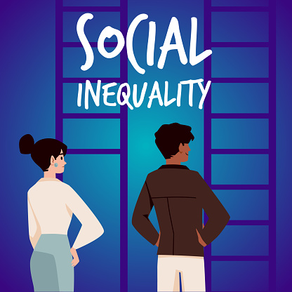 Poster with concept of social inequality between men and women, flat vector illustration. Male character stands in front of career ladder with all steps, female character looks at broken ladder.