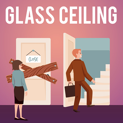 Gender gap poster with concept of glass ceiling, flat vector illustration. Discrimination of women at workplace. Man walking into open door with stairs, woman stays in front of closed door.