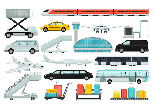 Airport vehicles and buildings set. Airplane, cargo truck, boarding ladder, bus, train, conveyor belt with luggage and scanner. Aviation transport terminal vector illustration isolated on white