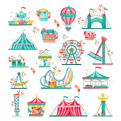 Amusement park attractions set. Roller coaster, carousels, hot air balloon, ferris wheel cartoon vector illustration isolated on white