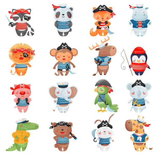 Vector illustration of Funny Animal Character Pirates Sailing and Seafaring Big Vector Set