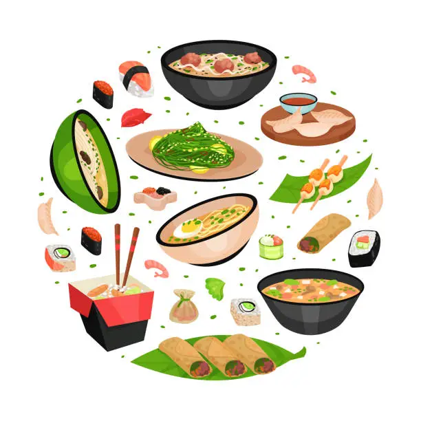 Vector illustration of Asian Food Circle Composition with Noodles, Soup Bowl and Sushi Vector Template
