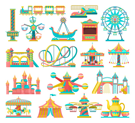 Amusement or Entertainment Park with Attractions Like Merry-go-round and Bouncy Castle Vector Set. Funfair with Rides and Games Equipment Concept