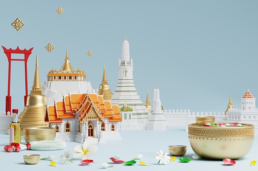 3d Songkran festival background in thailand water festival 3d with with blue water splash,thai architecture. ( Translation thai : Songkran Thailand )