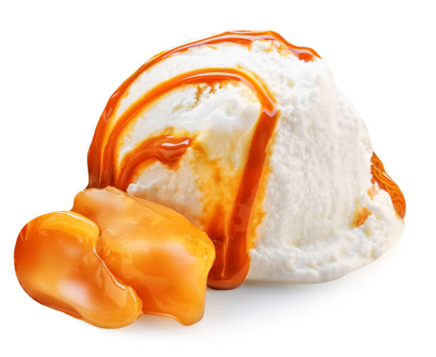 istock Vanilla ice cream with Melting caramel pieces isolated on white background, closeup 1467659402