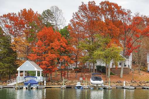 The large residential estates on Lake Norman during peak fall season.