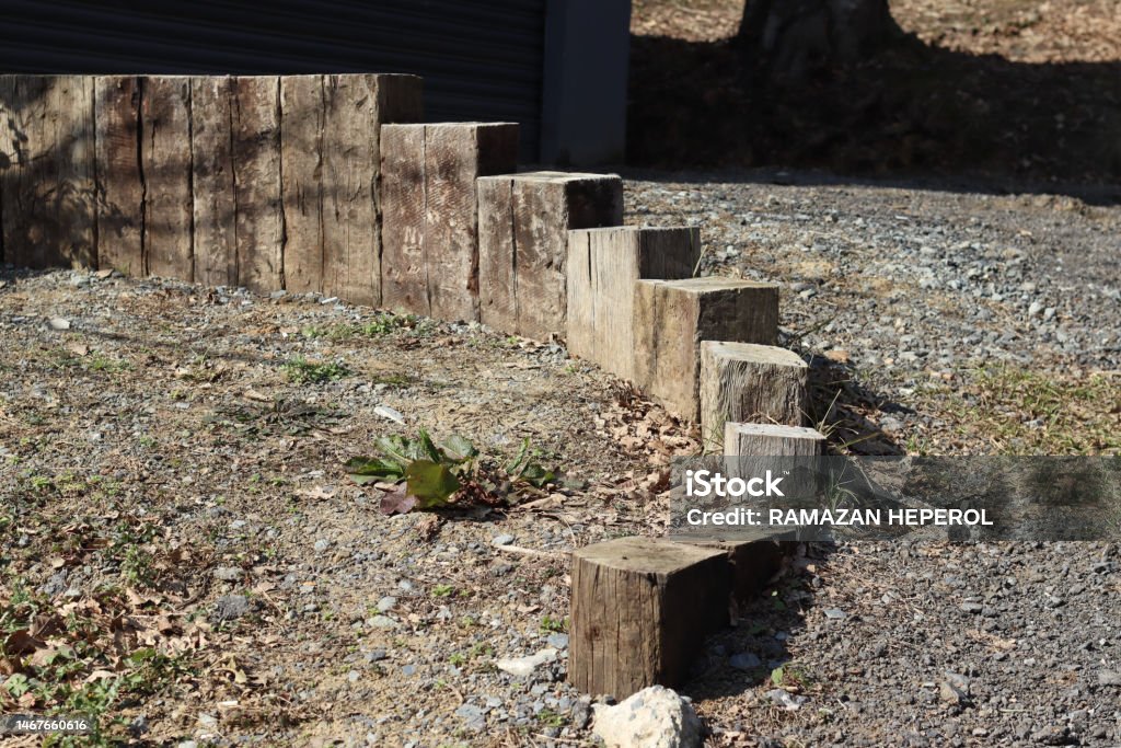 Tiny wooden staircase with woodgrain steps made of logs in the forest 4K Resolution Stock Photo