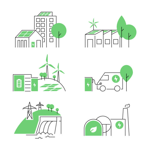 ilustraciones, imágenes clip art, dibujos animados e iconos de stock de iconos de contorno de electricidad verde - environment responsibility gear resource